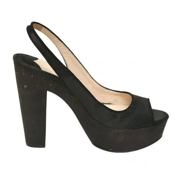 PRADA Black Pumps Platforms Sandals Slingback Fabric Brown Cork Heels Sz 36.5 - Picture 2 of 9